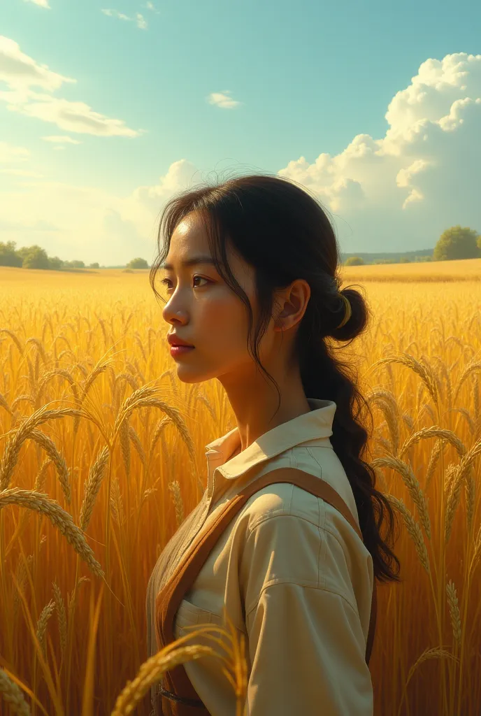 Portrait with ripened rice field