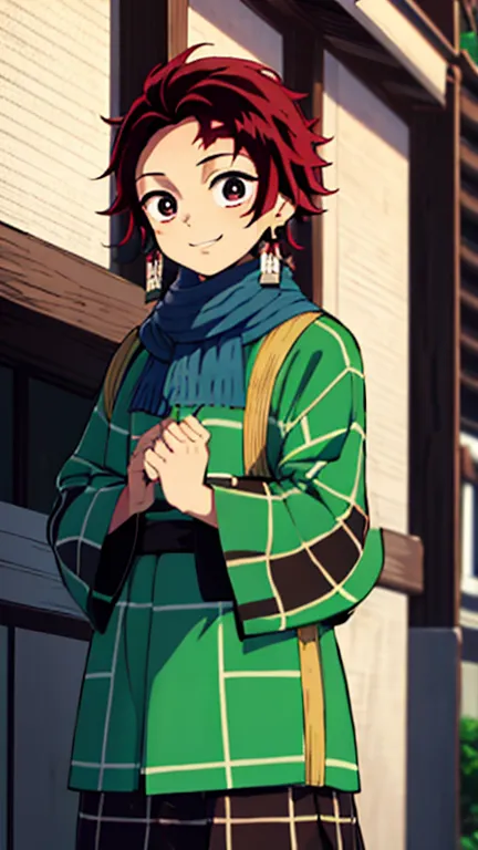 Tanjiro Kamado,1 boy,(short red hair),Haori black and green plaid,(blue scarf),masutepiece,best quality,Alone,a smile、tiro de cowboy