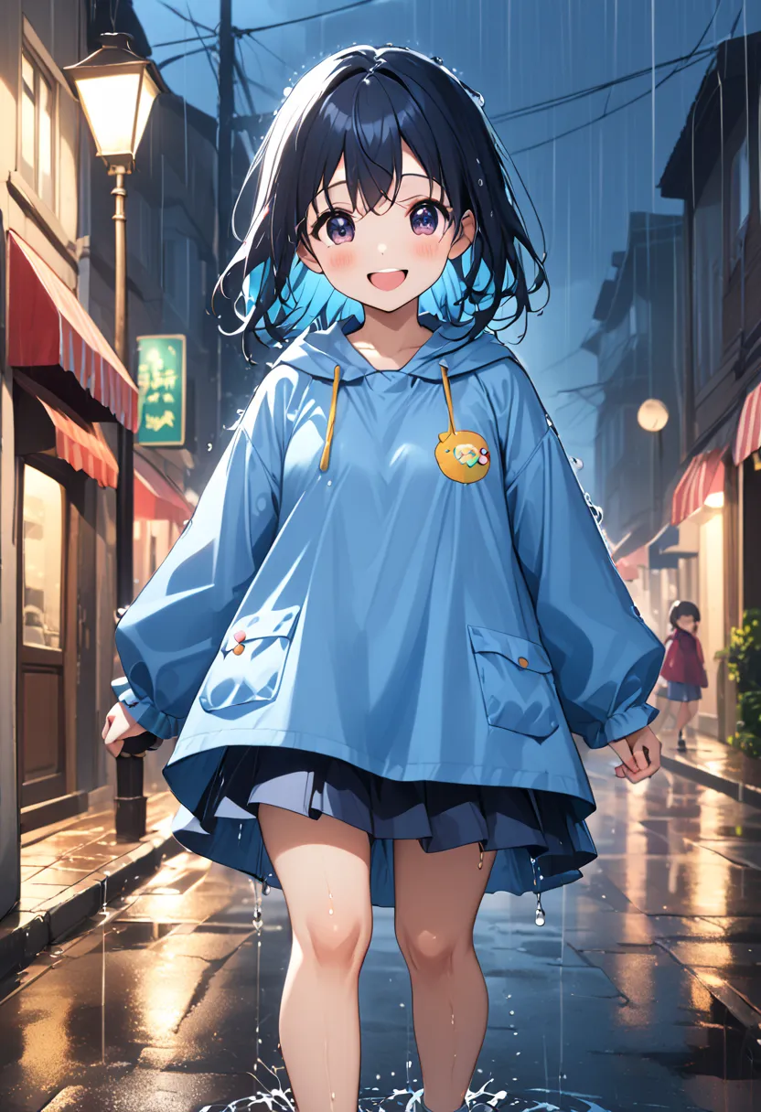 absurd, ５age, Kindergarten Mom Outfit, blue smock,  dark blue skirt ,  cute, Heavy Rain, It's raining very hard, wet, Street lamp,  vibrant, fun,    best smile,  wetスモックを着て , Water-wet Smock, wet skirt, When wet, The color gets darker, 