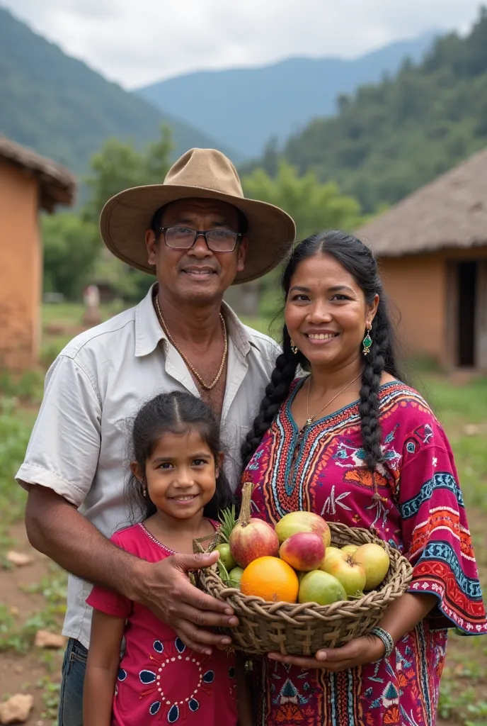 A traditional Guatemalan family with indigenous clothing, in a rural environment with mountains and an adobe house. The father has mixed traits, Brown Leather clara y cabello oscuro, and wear a white shirt and a shovel hat. The mother has indigenous featur...