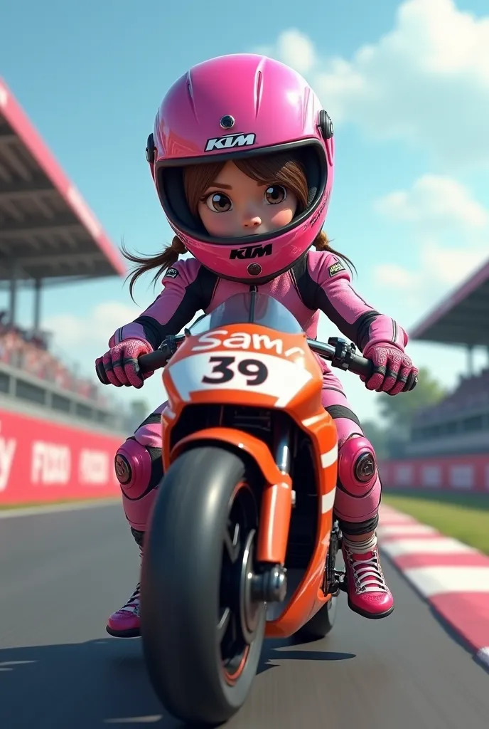 Little crepe girl wearing Racing clothes and a pink helmet on a KTM minibike that says SAMY 39 and who is racing in a race