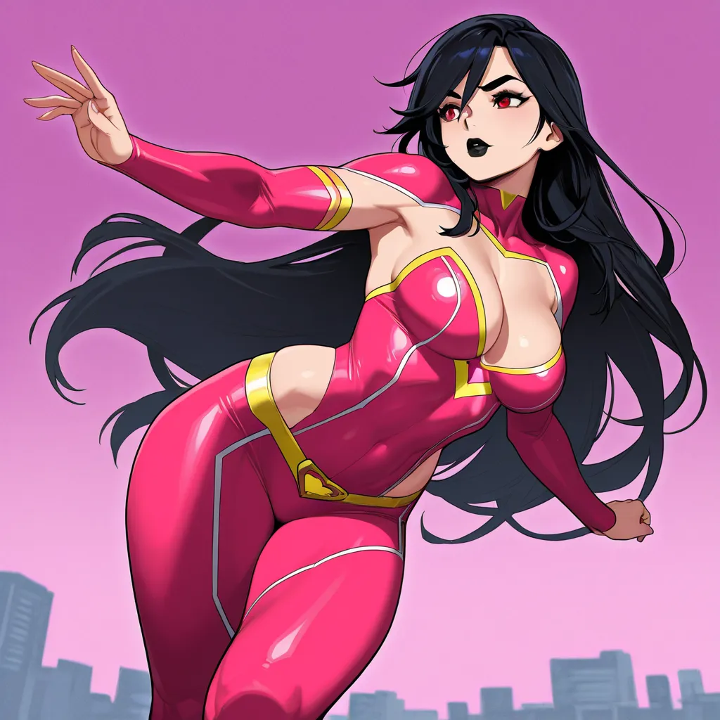 Generates a high-definition image,  cinematic-style , of Lady Heart, a 22-year-old superhero with 1.90 m tall. She has a sexy and athletic body with a defined abdomen,  hips,  sexy thighs, sculpted legs and large breasts. Her long flowing black hair,  thic...