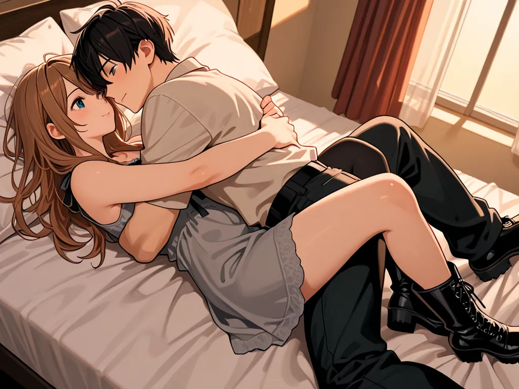  couple boy and girl , Hug on the bed,  flat chopped boots, Angle from the left