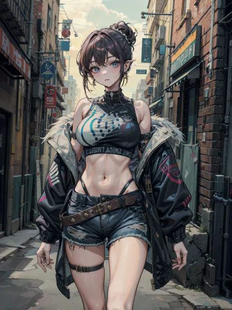 earring, large breasts, narrow waist, short hair, wavy hair, hair behind ear, half updo, black hair, looking at viewer, cowboy shot, streetwear, midriff, shorts, off shoulder, sleeveless, no jacket,