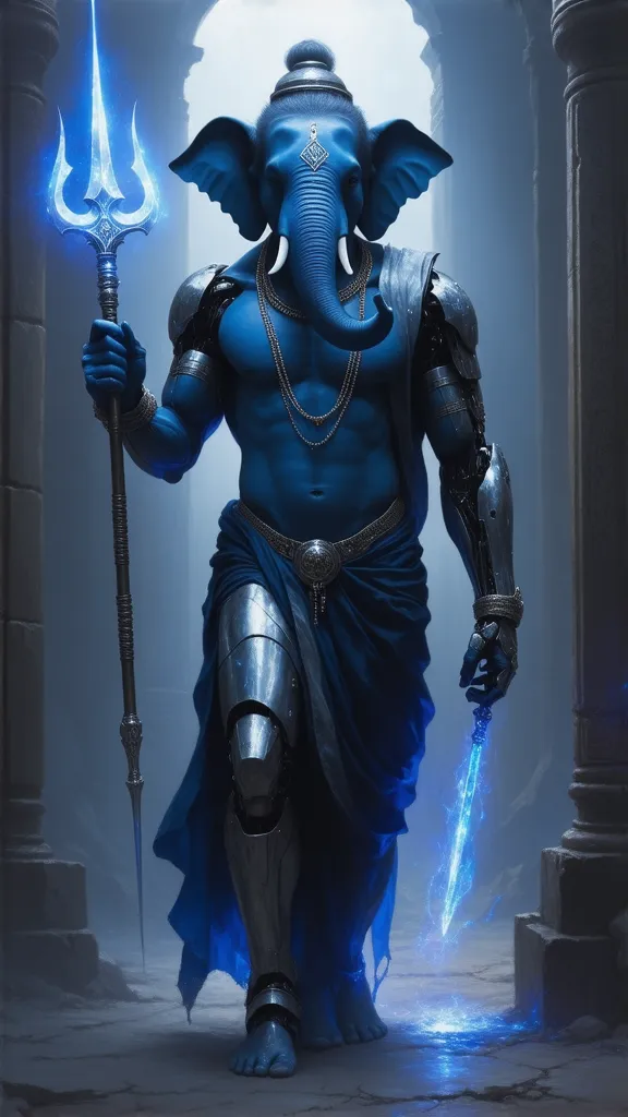 Hyper-realistic cyberpunk painting. Ganesha, the elephant-headed god, blue skin, four clearly visible arms, wearing robotic armor (exoskeleton) with helmet and breathing tube. He holds a vajra in his hand like a ray weapon. Next to him is Shiva in a mechan...