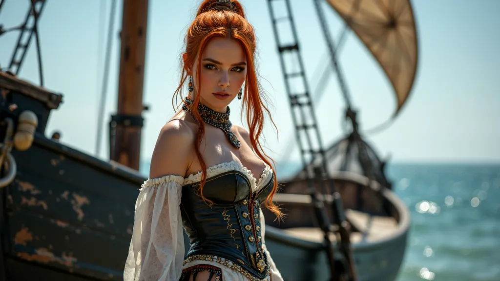 High quality, high definition photo of a very beautiful slender young sexy woman with red hair and a pirate costume standing in front of a boat, as a medieval fantasy character, jewellers, short skirt, karol bak uhd, still from a fantasy movie, pirate woma...