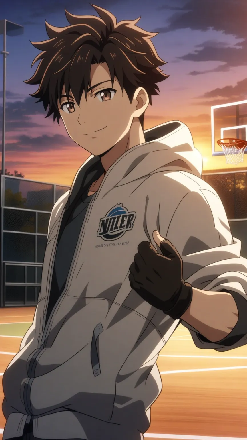 1Man，alone，   male focus ，dark hair，  Tall  ， Finger Gloves   ，    Light Hooded Sports Jacket  ，   Lightweight Round Neck    ， brown eyes ，Upper body， Right Hand Grip Basketball   ， Left Hand Slip Pocket   ，Smile，  Basketball Court，dusk, anime style