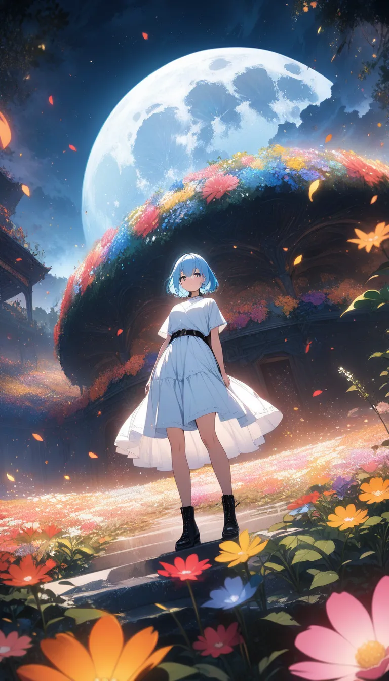 (masterpiece, top quality, official art:1.2), (colorful), perfect anatomy in the flower park,one girl, front view。short hair。Blue hair color。Late Night。  Compa。moon。 super precise illustration,  detailed , dynamic angle,  Beautiful details in, 8k,, (High R...