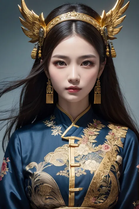 painting，Extremely delicate，Ancient Beauty，Flowing Hair， Glamorous Eyes ，rosy cheeks，cool and timeless face，bright silver ancient gold Suzhou embroidery costume， hollow dark lines ，High-end headgear，Gorgeous Xiang Yu， ethereal atmosphere ，Fairy air， subtly...