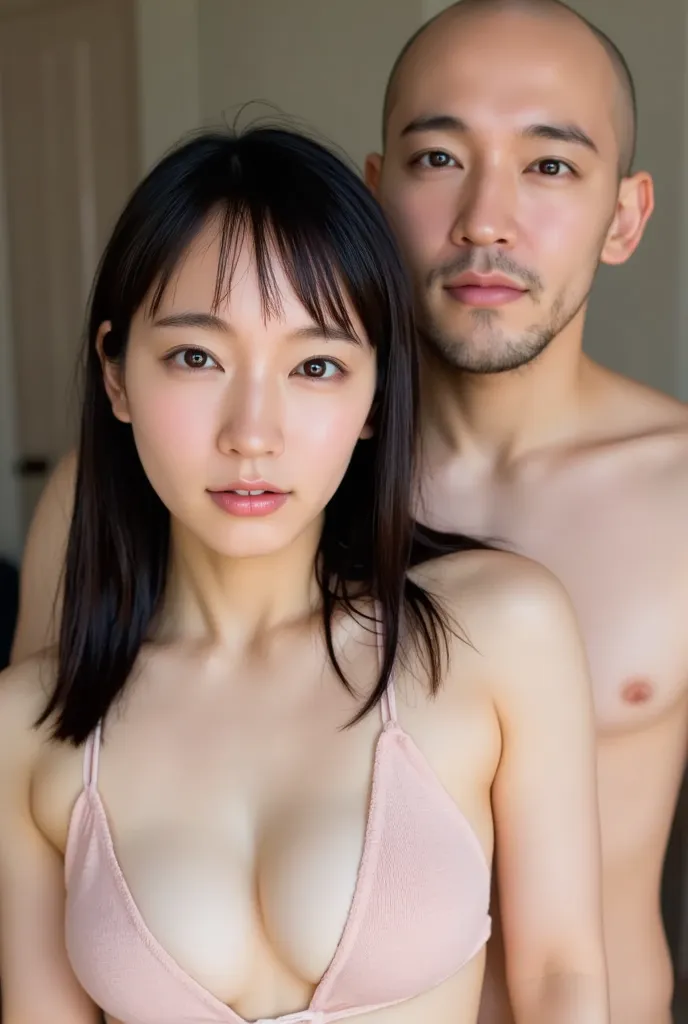 She is facing forward, she's not wearing anything, One woman and one man behind her, erect nipples, staring at the viewer, old bald man and woman, Age difference, 70 year old man with hairy chest and arms, naked, , hug,  Kissing  ,  30 year old charming wo...