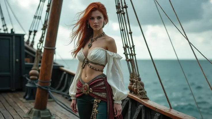 High quality, high definition photo of a very beautiful slender young sexy woman with red hair and a pirate costume standing in front of a boat, as a medieval fantasy character, jewellers, karol bak uhd, still from a fantasy movie, pirate woman, fantasy st...