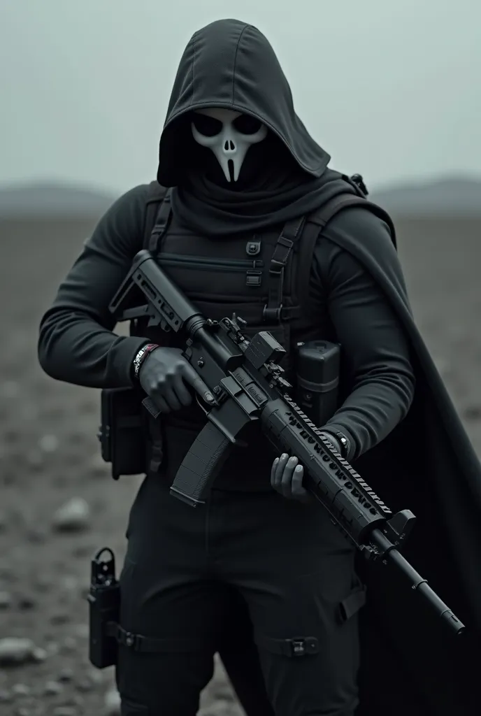 Military man in black wearing ghost mask, style holding a gun,  pointing towards the horizon .