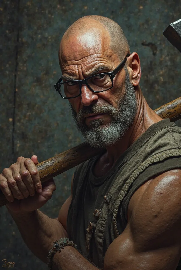 Man with bald mulatto skin with glasses 40 years old with an ax in his hand