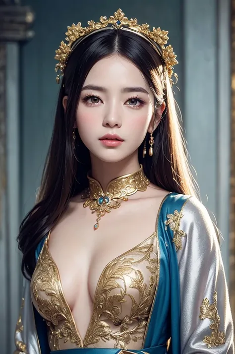 painting，Extremely delicate，Ancient Beauty，Flowing Hair， Glamorous Eyes ，rosy cheeks，cool and timeless face，bright silver ancient gold Suzhou embroidery costume， hollow dark lines ，High-end headgear，Gorgeous Xiang Yu， ethereal atmosphere ，Fairy air， subtly...