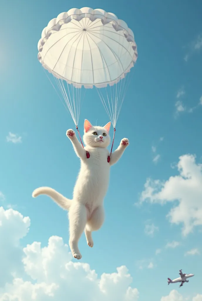 White male Cat flying from aeroplane from the sky and opens a parachute