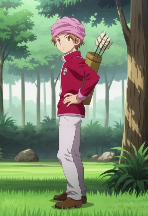 score_9, score_8_up, score_7_up, source_anime, rating_safe, intricate details, anime screencap, anime coloring, official style, looking at viewer, 1boy, solo, male focus, pokkle_hxh, brown hair, brown eyes, short hair, hat, arrow \(projectile\), from side,...