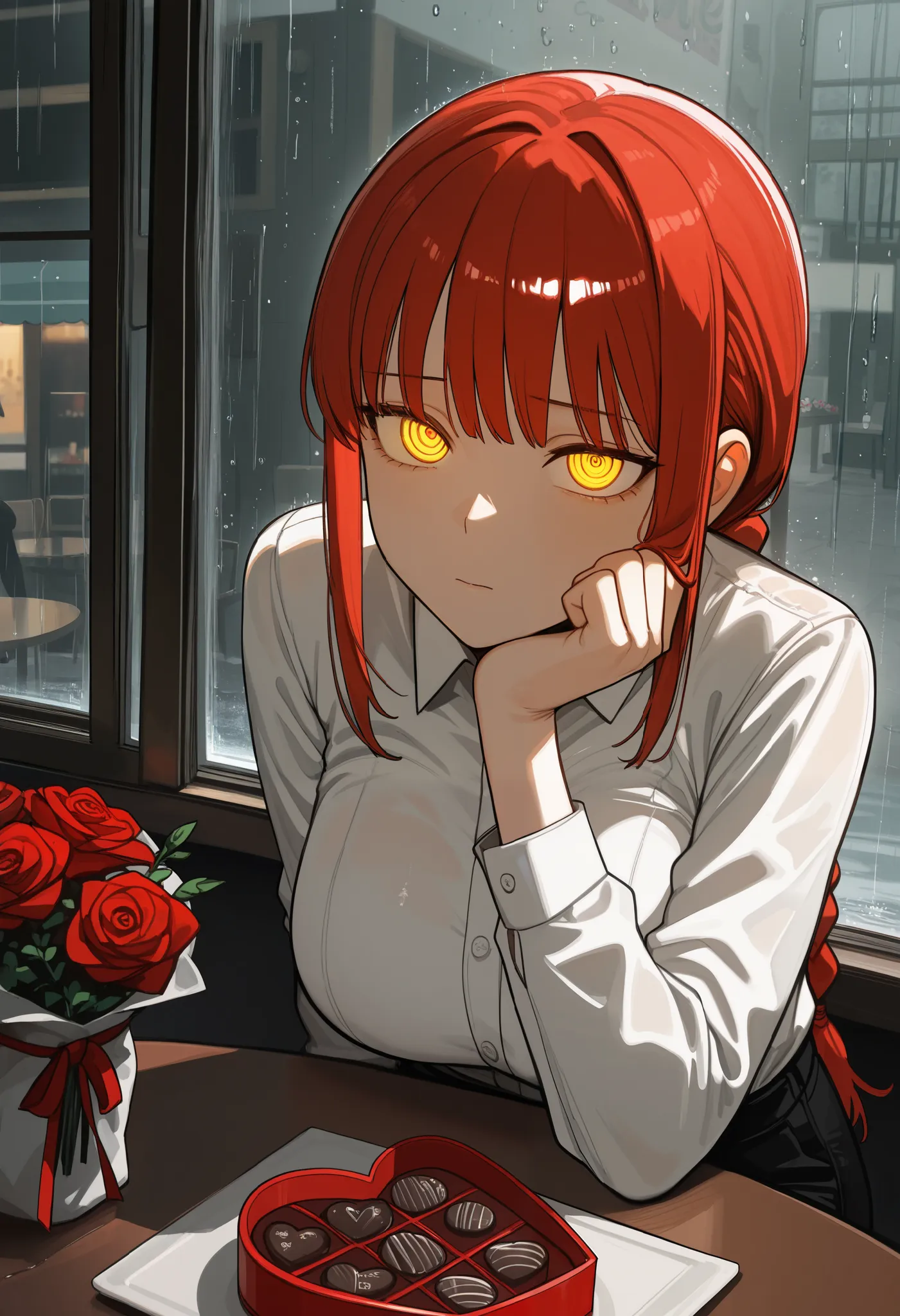 masterpiece, by piaki,  best quality, very detailed, 
1 girl, Makima, red hair, braided ponytail, large breasts, yellow eyes, ringed eyes, glowing eyes,
White collared shirt, black pants,
Indoor, cafe, sitting at a table, sad expression, head resting one o...