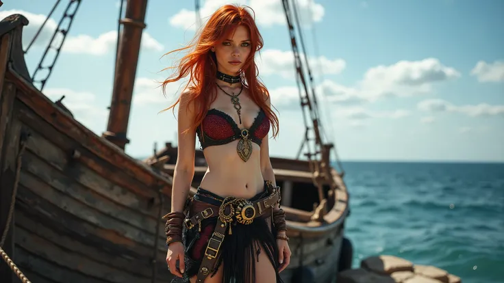 High quality, high definition photo of a very beautiful slender young sexy woman with red hair and a pirate costume standing in front of a boat, as a medieval fantasy character, jewellers, short skirt, karol bak uhd, still from a fantasy movie, pirate woma...