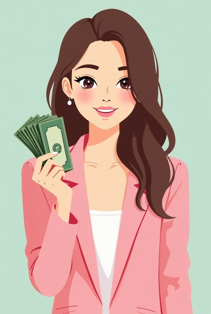 "A beautiful young woman in her 20s with long brown hair, wearing a pastel pink blazer. She has an attractive and simple smile, looking very pretty. She is holding fanned-out cash in her right hand, clearly visible and well-arranged, The art style is profe...