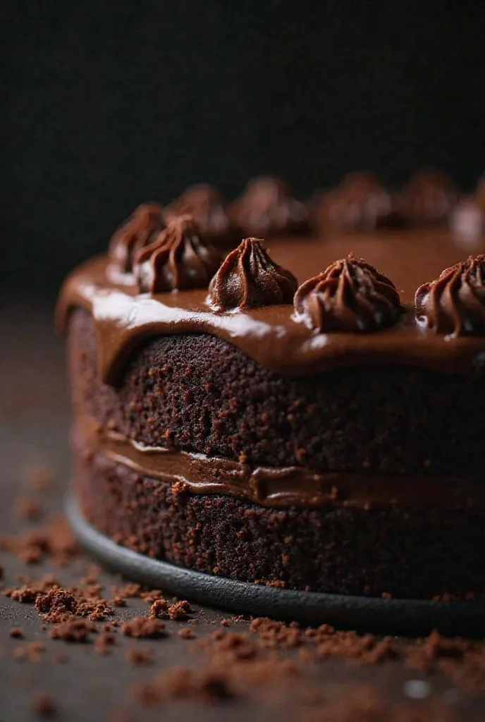 cinematic film still chocolate, chocolate cake, dark background, quality photo, moist texture, frosting, studio photo, slice . shallow depth of field, vignette, highly detailed, high budget, bokeh, cinemascope, moody, epic, gorgeous, film grain, grainy