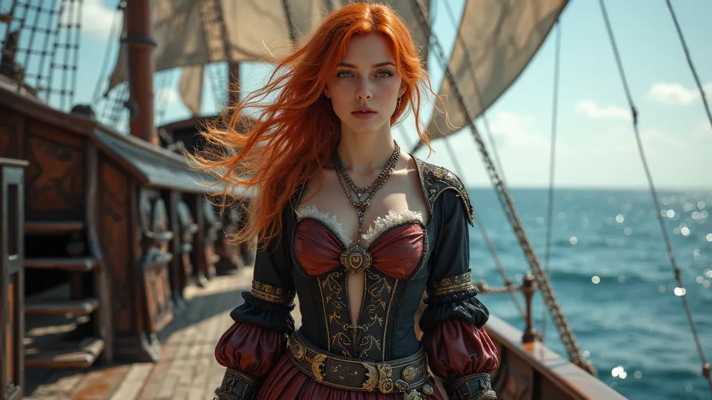 High quality, high definition photo of a very beautiful slender young sexy woman with red hair and a pirate costume standing in front of a boat, as a medieval fantasy character, jewellers, full height, short skirt, karol bak uhd, still from a fantasy movie...