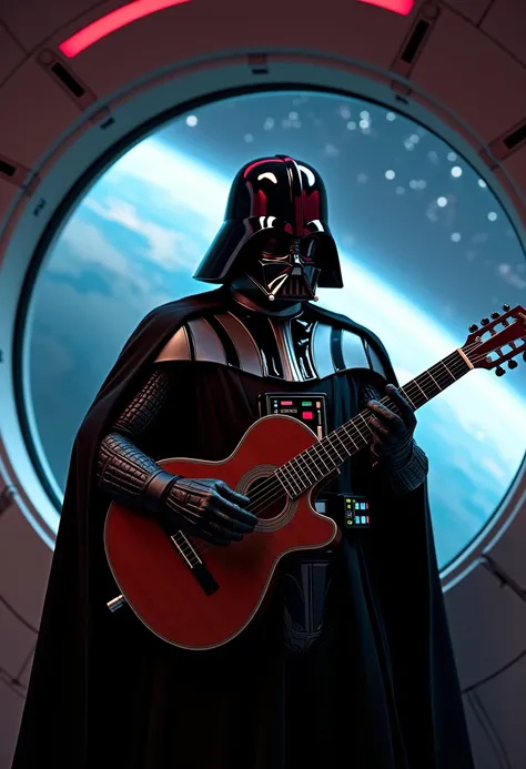 Dark vader playing a flamenco guitar sitting next to a spaceship window, 8k, hyperrealism, masterpiece