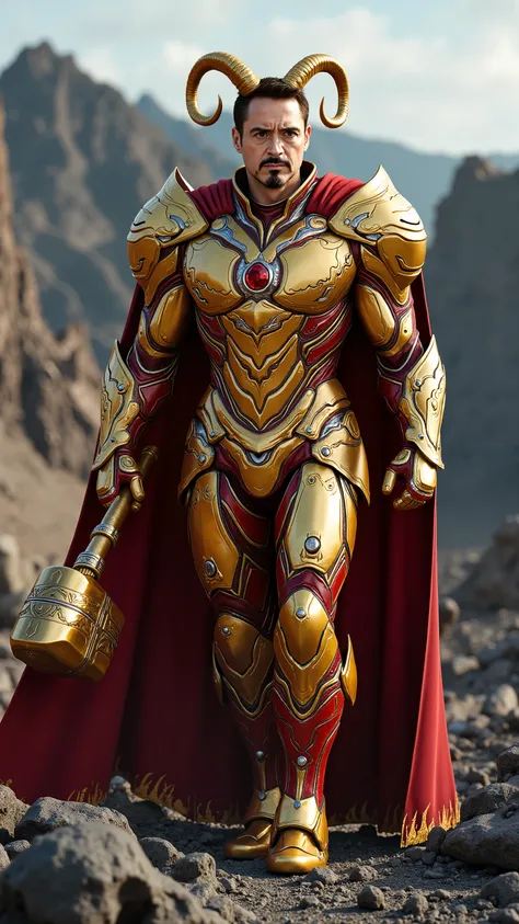 Robert Downey Jr. reimagined as a majestic human-Aries hybrid walking and holding a golden war hammer, dramatic atmosphere, 1 male、
short, dark brown hair, sharp brown eyes, and well-defined facial features. Small, curved ram-like horns protrude from his...