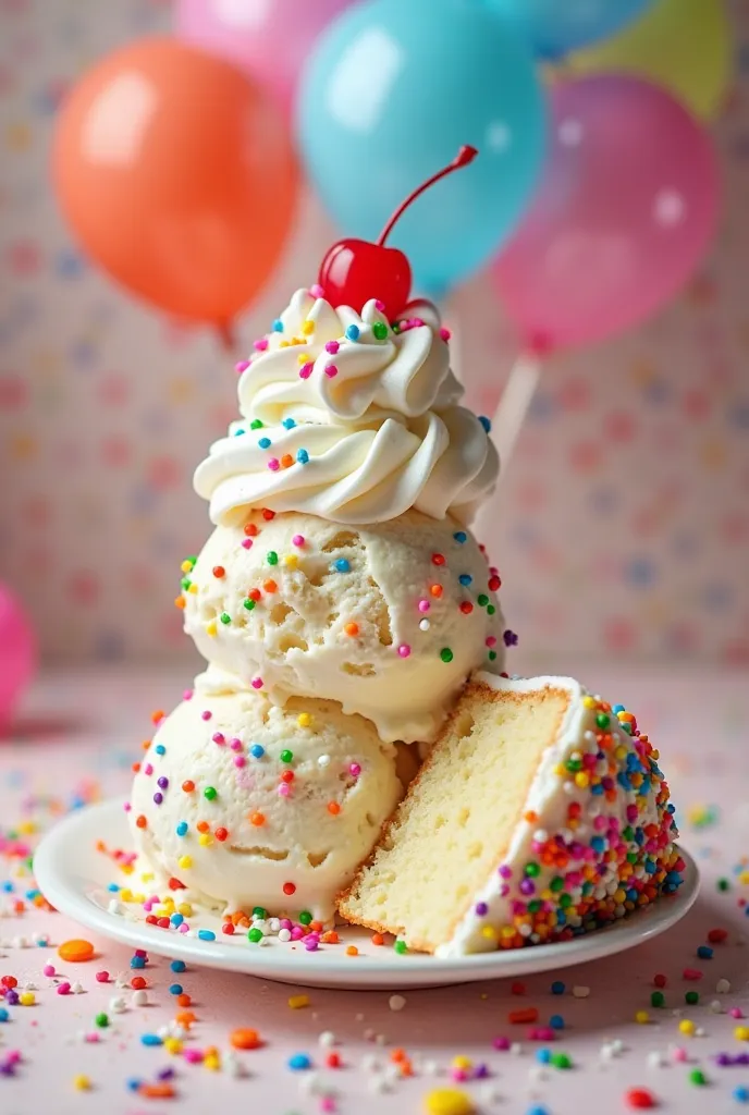 Design a vibrant and festive image of birthday cake ice cream. Show a creamy scoop of vanilla ice cream with colorful funfetti sprinkles, topped with whipped cream, a cherry, and extra sprinkles. Include a slice of vanilla cake with frosting and sprinkles ...