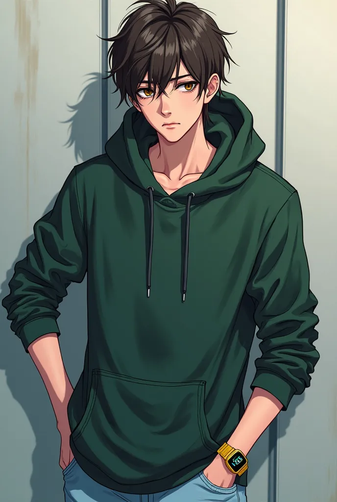 male, dark green hoodie, dark brown hair, short hair, light blue jeans, black socks, gold smart watch, sigma , anime, silver background, 