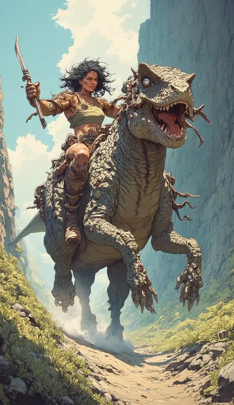 Cave woman riding a running dinosaur, (4 horse legs only),  intense, accurate,  accurate images, from below
 ultra HD quality, 8k, frank Frazetta art style 