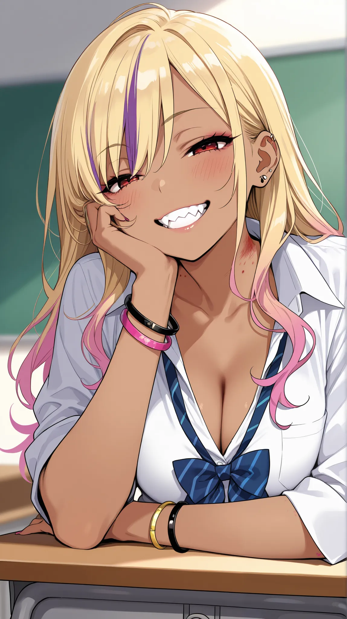 A gyaru girl with dark skin and blonde hair with purple streaks, exaggerated make-up, crimson eyes, half-closed eyes, a mischievous expression on her face, a wide, wicked smile, canine teeth showing, a blush on her cheeks. Sitting at the school desk, leani...