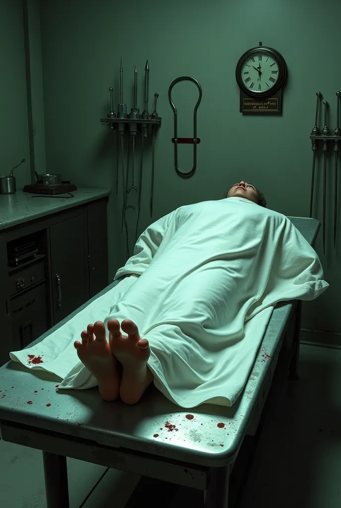 Autopsy room ready and flashing lights. On a metal table,there is a small identification plate on a part of the table, next to surgical tools. engraved with serious letters: EVERYTHING IS EVENTUAL. In the background, old surgical tools and a clock stopped ...