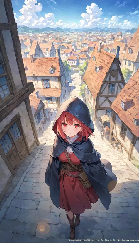 Very detailed, (anime),(masterpiece:1.2),atmospheric perspective, lens flare, Medieval European streets、Assassin girl standing on the roof of a building、Wearing a hood、cute、Red eyes、Your eyes shine in the moonlight、assassin girl、(Assassin's Costume)、Fantas...