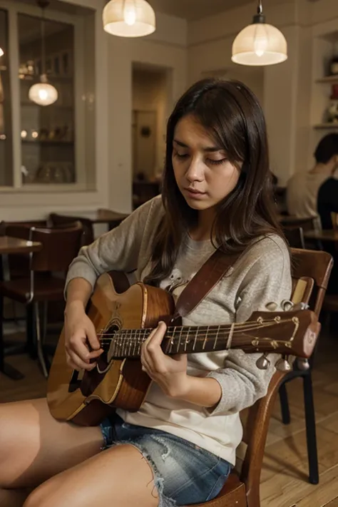 sad girl playing guitar in cafe