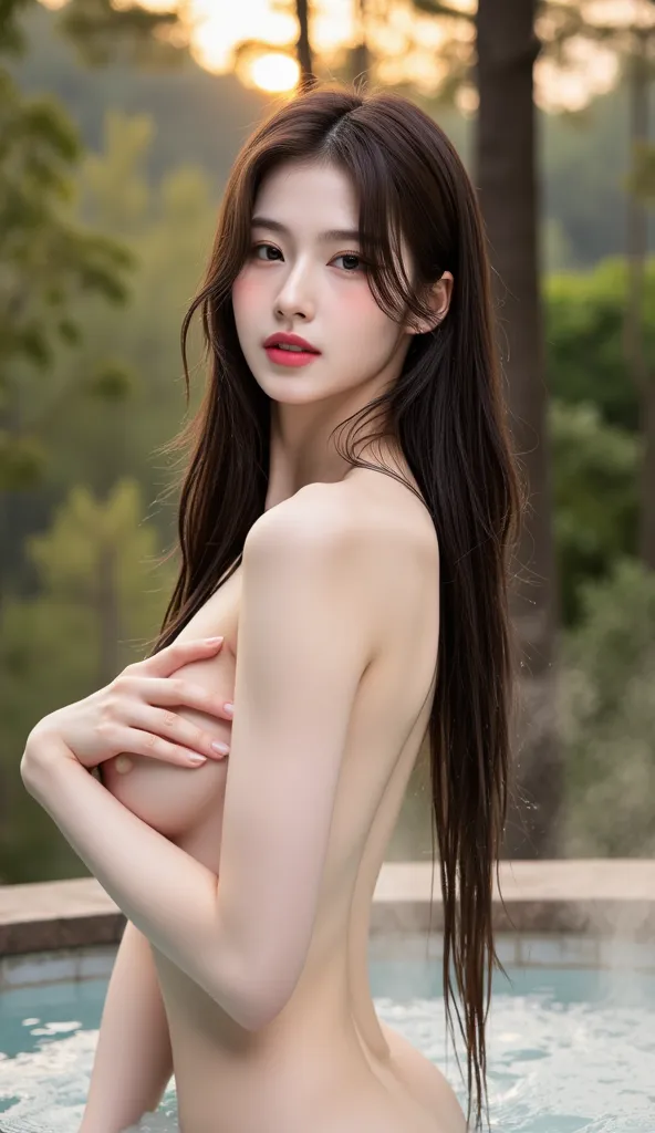 a picture of a beautiful hot spring woman gracing the cover of a hot spring magazine、Photo of the whole body from behind、((Gesture of hiding your chest with your right hand and hiding your crotch with your left hand on the way up from the hot water at an a...