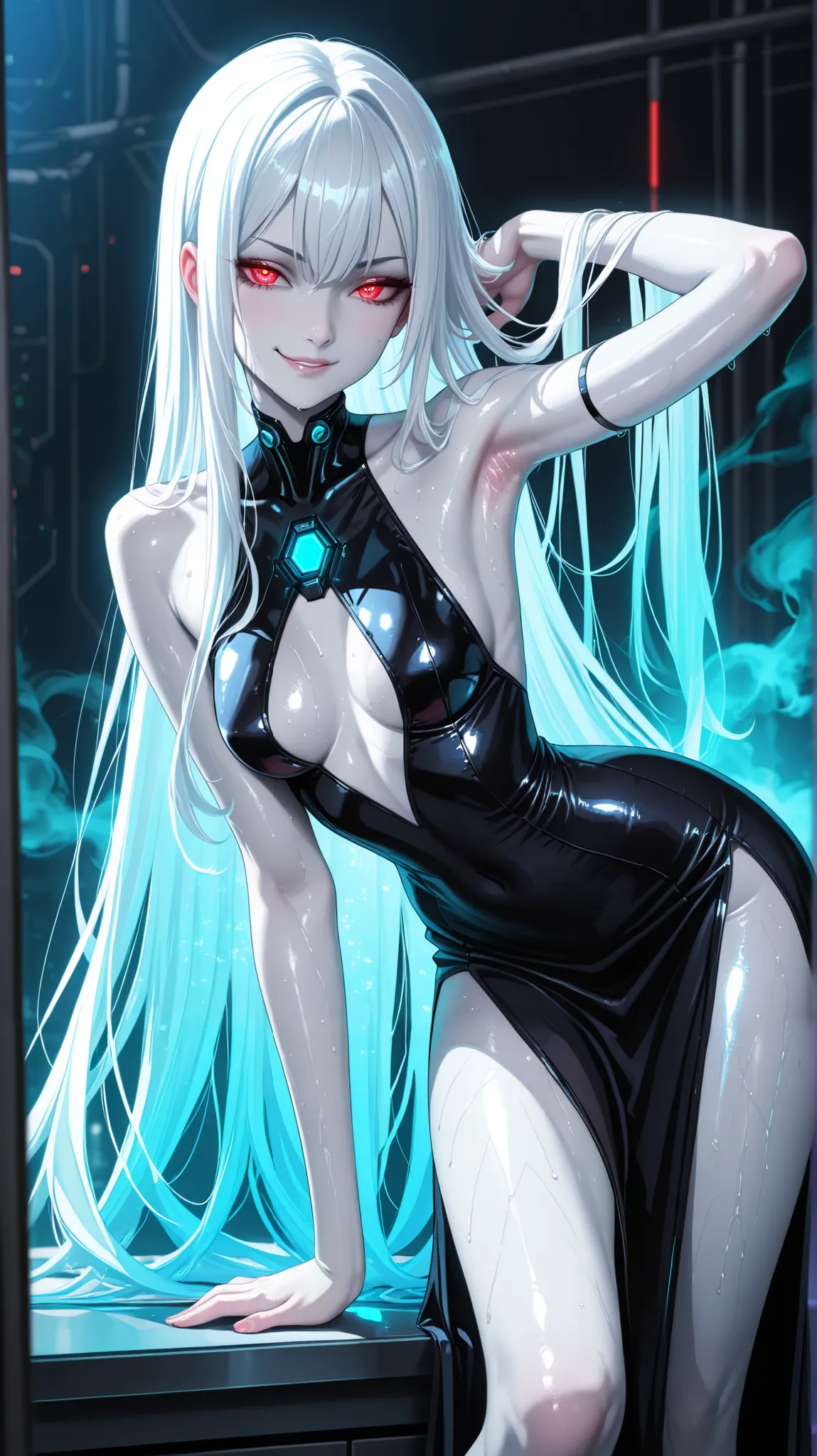 A seductive android girl in anime style, pale white skin, skinny frame, long white hair cascading over her shoulders, glowing red eyes, wearing a tight black dress with a high slit, revealing her slender legs and one arm raised to show a sweaty armpit with...