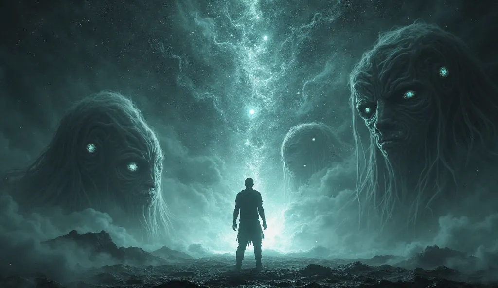 In this dramatic moment, Eli stands in the center of the anomaly, now fully immersed in its grip. The space around him is a swirling maelstrom of distorted stars and blackened space, as ancient, alien faces emerge from the void. These entities are huge and...