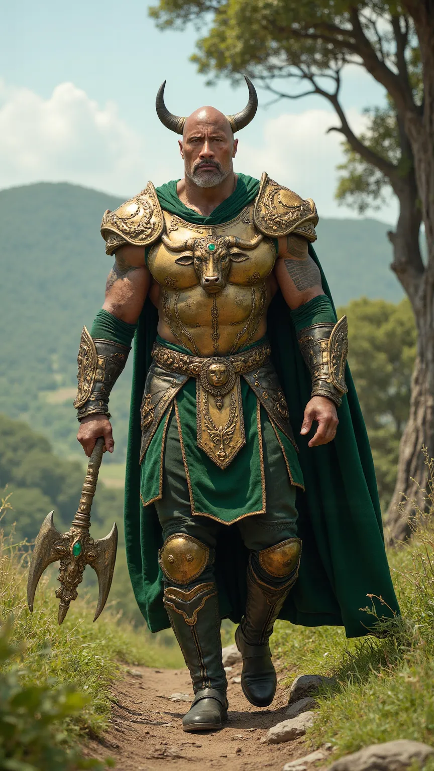 Dwayne "The Rock" Johnson reimagined as a majestic human-Taurus hybrid walking and holding a bronze war axe, dramatic atmosphere, 1 male､ 

dald head, strong jawline, and intense dark brown eyes. Small, sturdy bull-like horns protrude from his head.

He we...