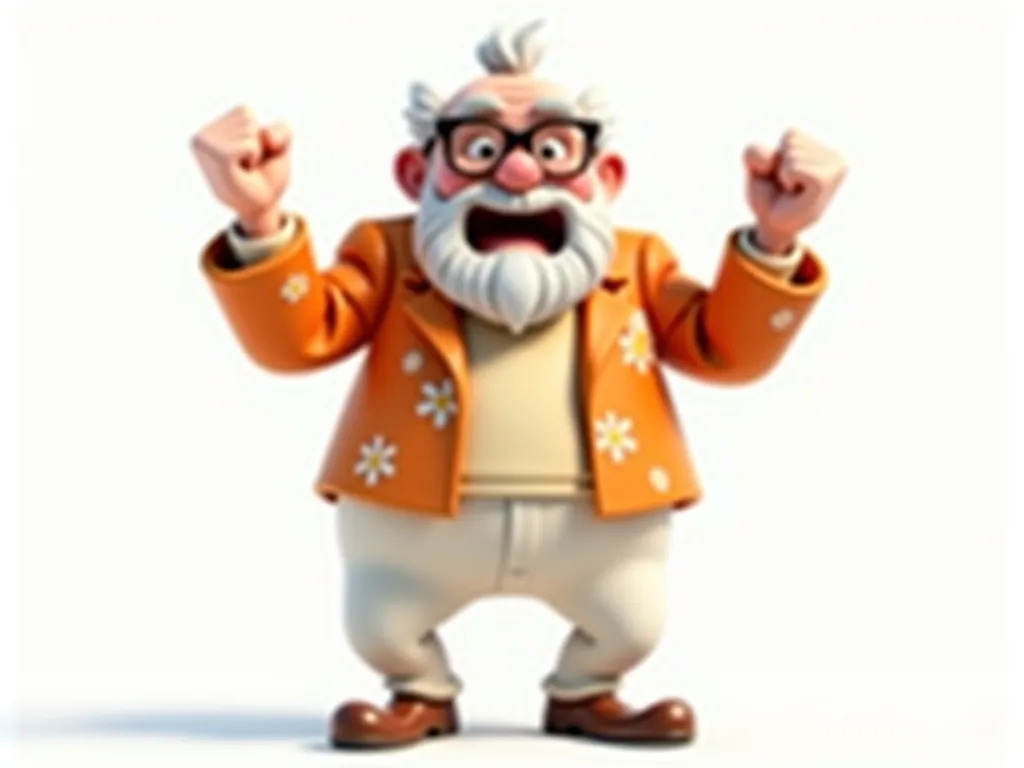 3D animated character, elderly man, white hair and beard, large glasses, vibrant orange floral jacket, white pants, brown shoes, ecstatic expression, fists raised in celebration, cartoonish style, cheerful, energetic pose, bright lighting, clean background...