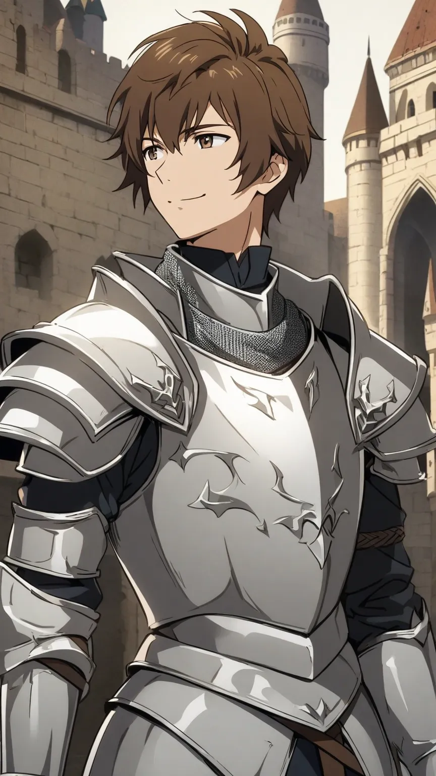 1Man，alone，  male focus  ，  Brown hair  ， tall figure ， Finger Gloves  ，Silver & White Armor，brown eyes，Upper body，Smile，Castle Background，Medieval Knight, anime style