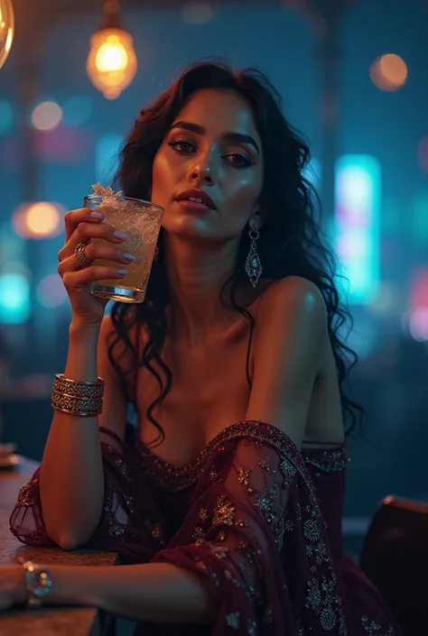 One sexy Indian woman enjoys a cocktail at a bar at night、The background is a blue night scene