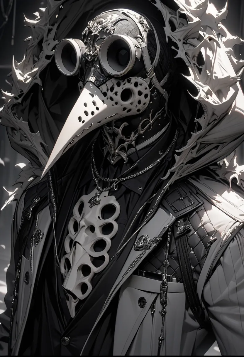 masterpiece, 8k, best quality, highly detailed, a plague doctor in a designer black & white suit while his mask is made of bone