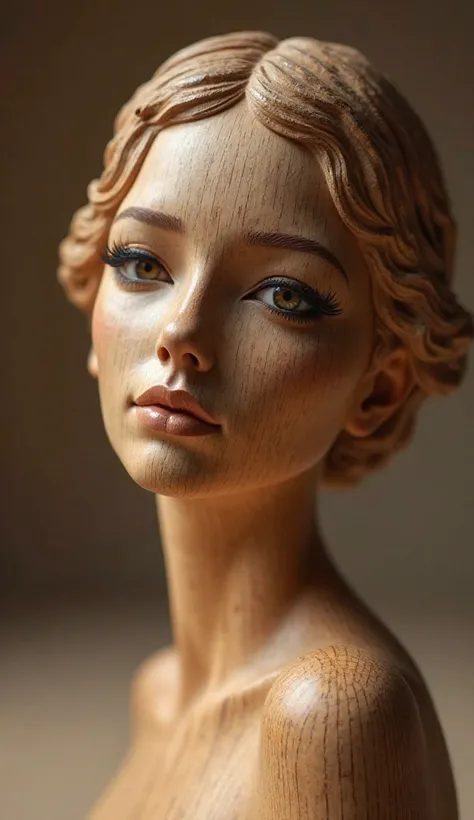 Wooden sculpture woman has human eyes and pretty black eyelashes 