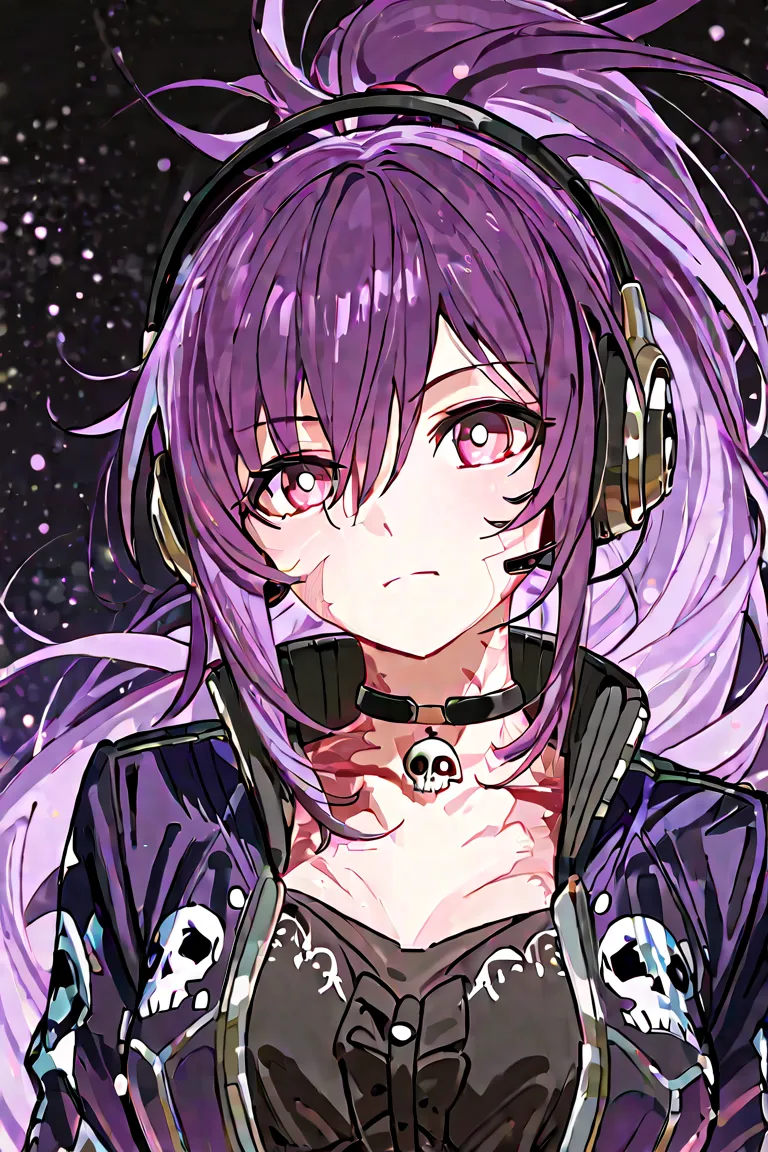 star rail style A middle-aged girl, has purple hair tied in a ponytail, has some large burn scars on her neck, wears a black blouse and a purple mini jacket with black details and a skull print, wears large headphones and a skull choker. and has pink eyes ...