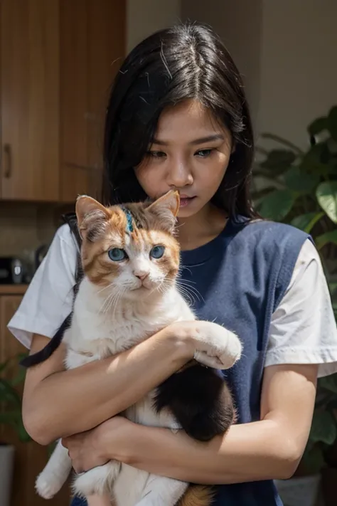 A healthy baby boy of Indonesian descent white skin Blue eyes Wide black hair is cradling a pink cat 