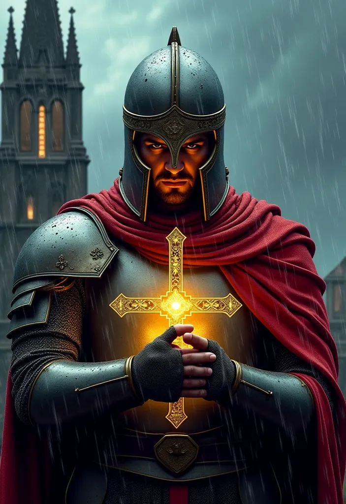 A solemn crusader knight cradles a golden reliquary in his armored hands, its intricate cross-shaped design glistening under the rain. His face is partially hidden by the shadow of his helmet, but his determination is evident. The heavy storm batters his s...