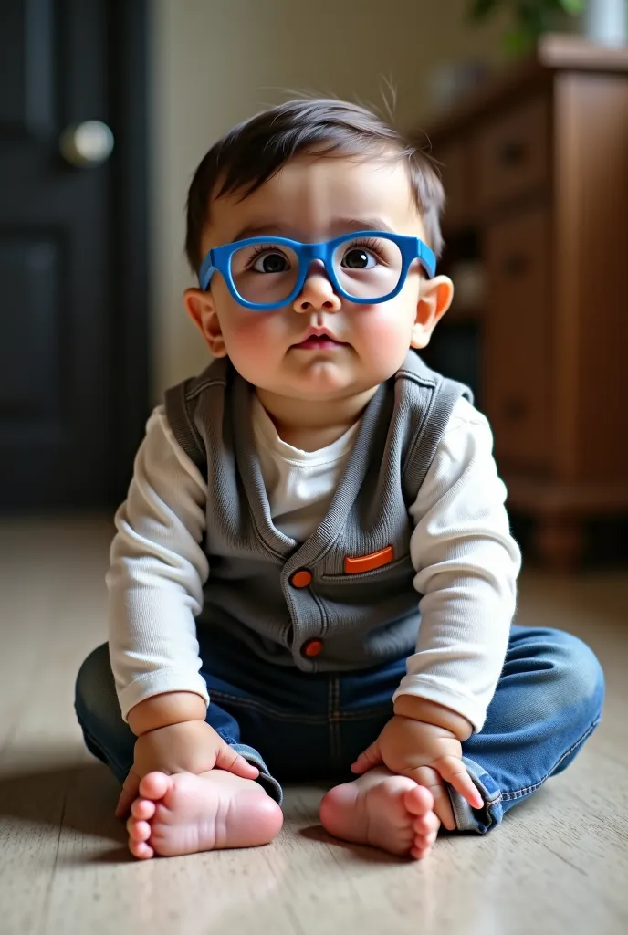 arafed baby wearing glasses and a vest sitting on the floor, a picture by Maryam Hashemi, instagram, toyism, blue rimmed glasses, reyyan, riyahd cassiem, cute boy, thick round spectacles, thick - rimmed glasses, , blippi, saadane afif, !!wearing modern gla...