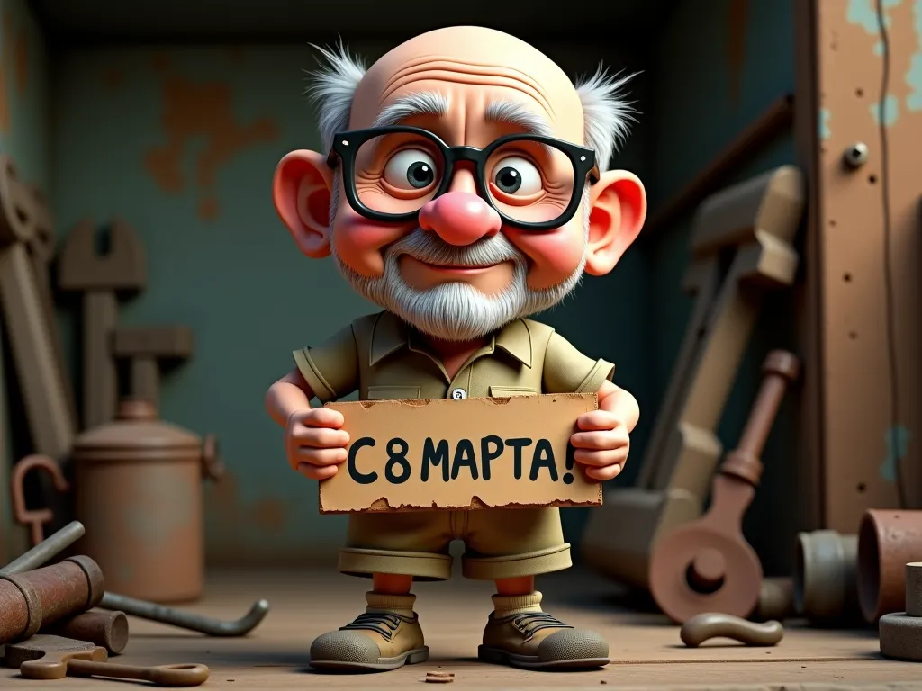 Caricature, elderly man, exaggerated features, large glasses, bald head, wrinkled skin, short stature, holding cardboard sign "C 8 MAPTA!", khaki shirt and shorts, knee-high socks, cartoon style, comical expression, rusty tools in background, detailed rend...