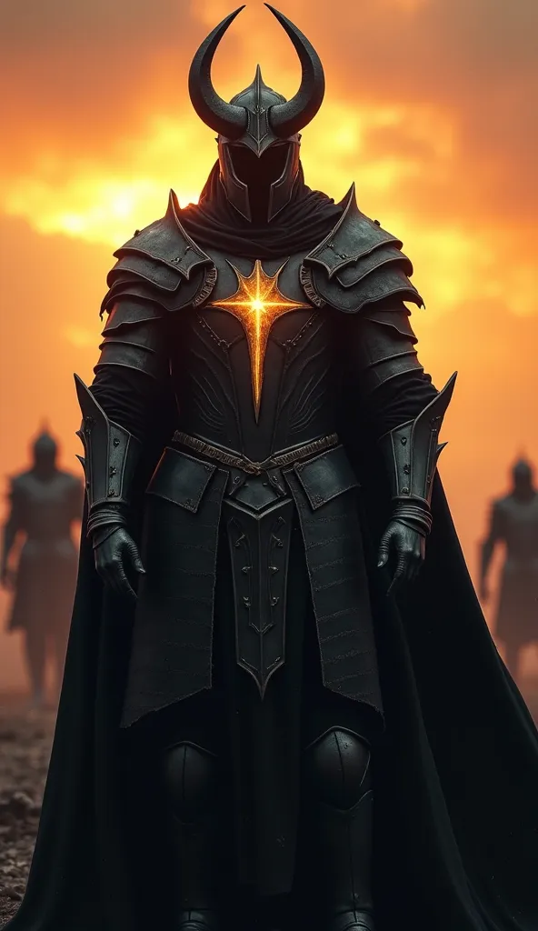 Create an imposing warrior dressed in dark medieval armor. The armor is detailed, made of dark metal with overlapping plates, conveying a sense of strength and protection. The helmet has an intimidating shape, with horns or spikes that rise up at the top, ...