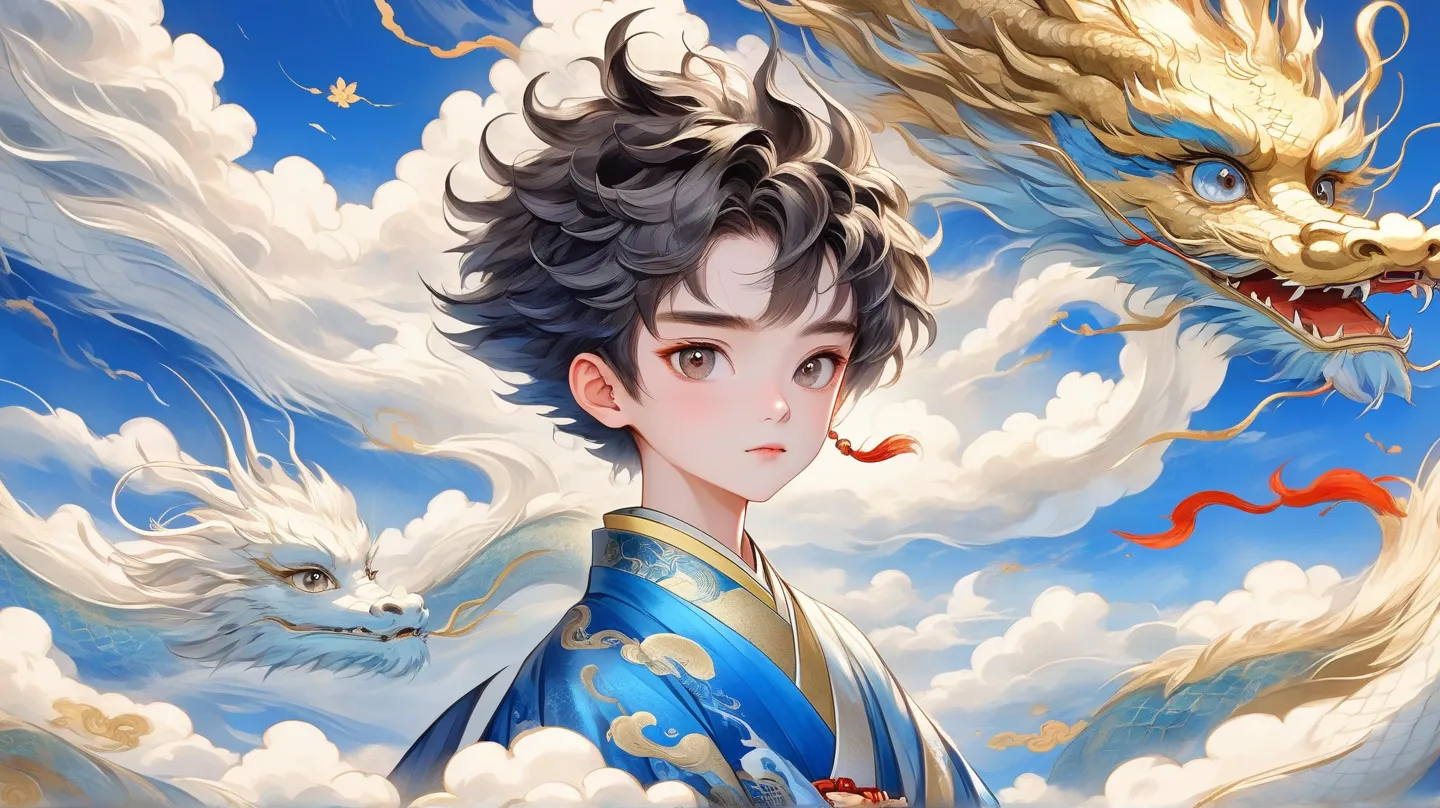 Hand-drawn style：Rough Texture，1 boy，Short fluffy hair，Hanfu，Cloud，dragon，Beautiful details，Texture，Blue and gold